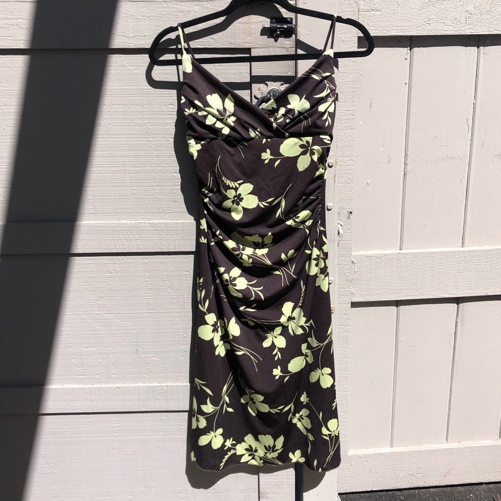 Vintage Green and Brown Floral Wrap Dress